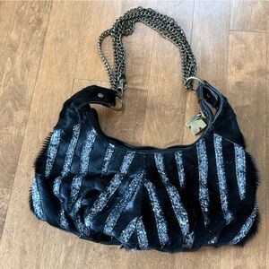 Black pony hair & Glitter Stripe Shoulder Bag by